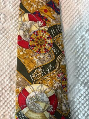 Tommy Hilfiger Nautical Map Tie Silk Red Gold Compass Ship Novelty Men's Vintage
